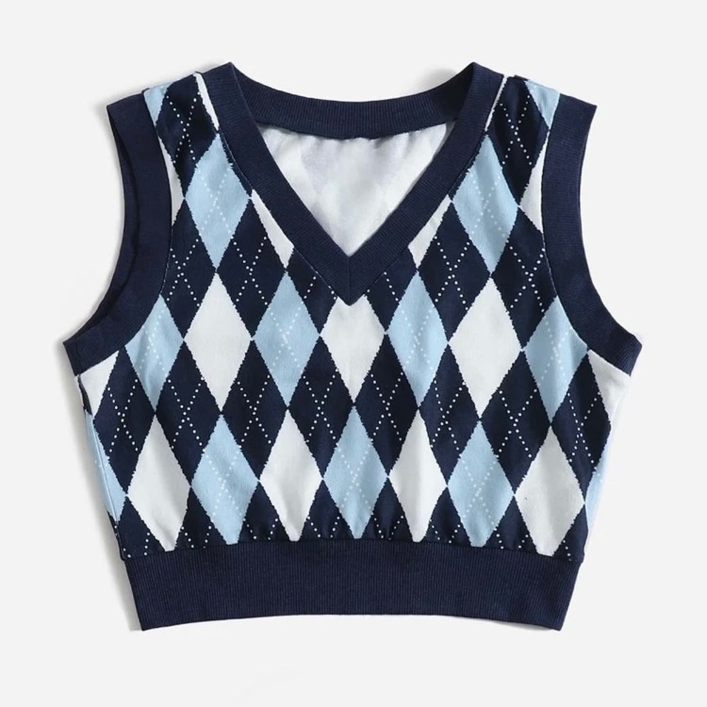 SHEIN argyle blue cropped knit vest tee